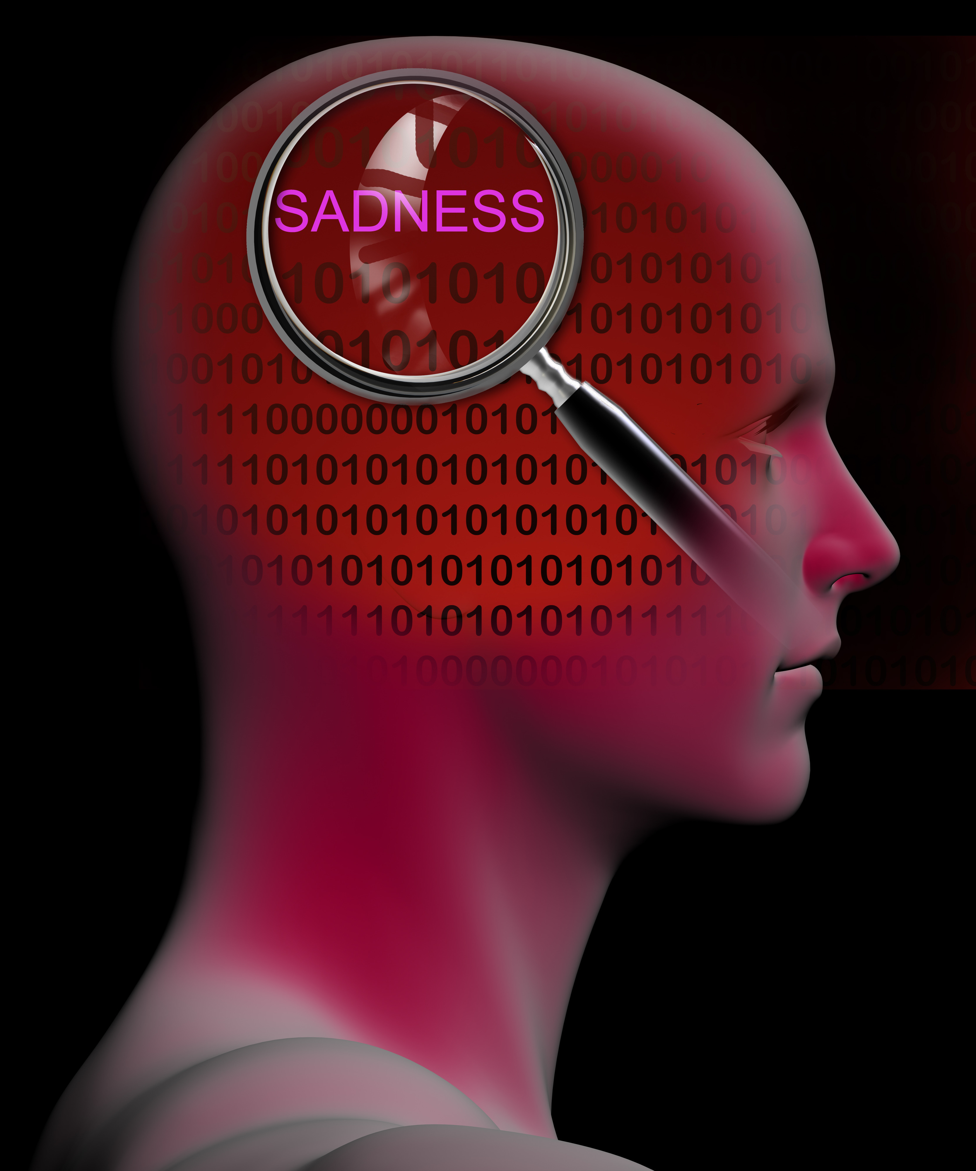 profile of a man with close up of magnifying glass on SADNESS